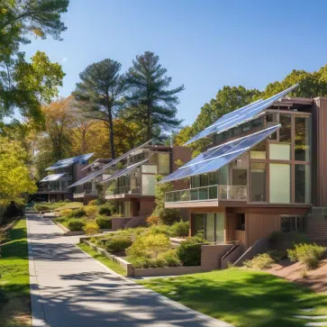 beautiful house with solar panels and surrounding by green trees